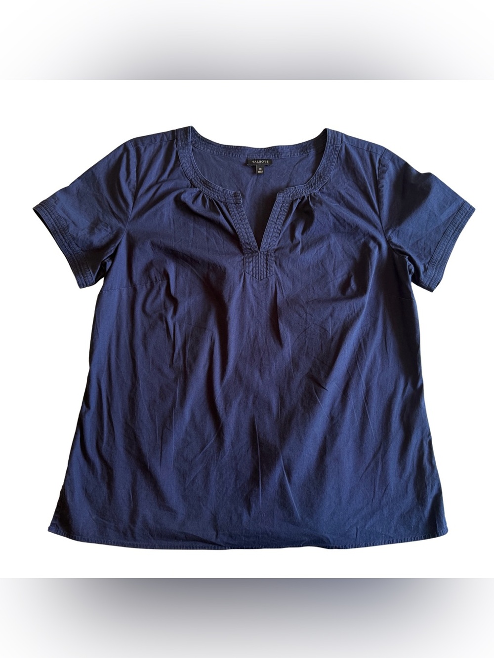 Talbots Navy Blue Split Neck Blouse Top Cotton Stretch Size 10 Short Sleeve